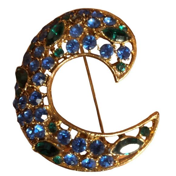 Vintage Swirl Marquise Goldtone Emerald Green and Blue Brooch Pin EUC - Picture 3 of 4